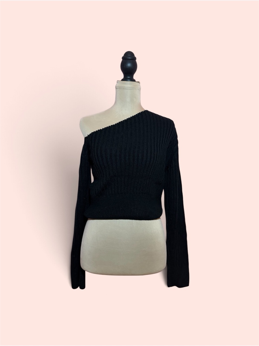 Black One-Shoulder Ribbed Women's Sweater